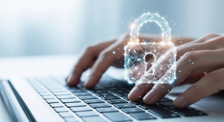Hands Typing on Laptop with Digital Padlock Overlay for Data Security and Privacy