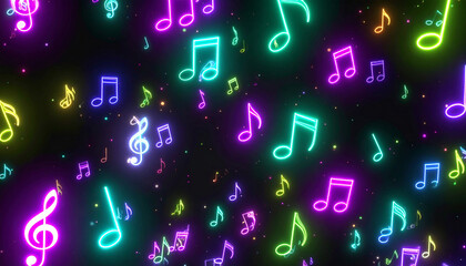 Bright neon music notes flying wildly. Bright music background. Looping animation of musical notes rising, creating a visually appealing effect, symbolizing music and rhythm. Seamless animation
