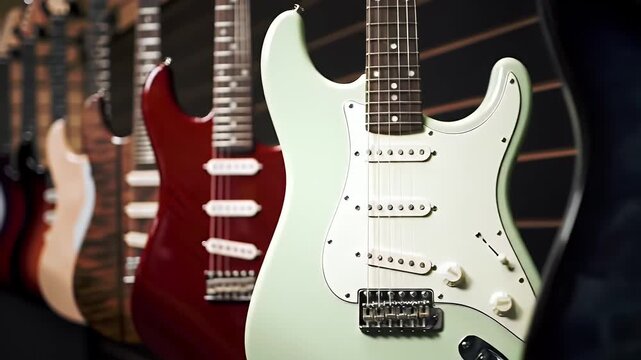 Colorful Electric Guitars Displayed in a Row with Blue Burst Mint Green and Red Finishes in Music Store