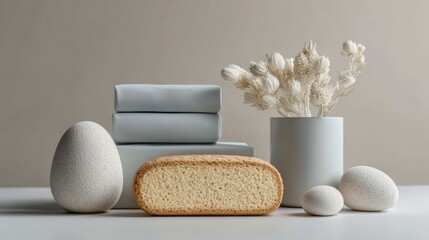 Modern Minimalist Still Life with Natural Elements and Rustic Bread Authentic Premium Lifestyle Content for Calm Home and Social Media Use