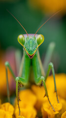 Extreme macro portrait of a green praying mantis on a yellow flower