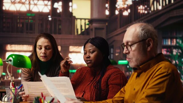 Diverse actors team reading their scripts during theatre drama play rehearsal in library, showing dedication to script practice. Role preparation together for dramatic arts reenactment. Camera B.