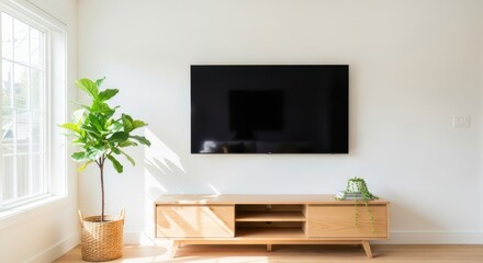 Photo of a modern living room with a wallmounted television above a wooden media console and a potted plant
