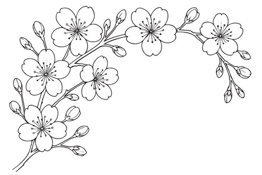 A floral vector background of sakura blossoms appears in black and white, with thick black outlines adding contrast and graceful detail.
