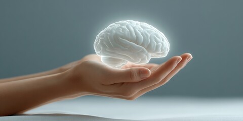 Premium Modern Sleep Optimization Concept with Glowing Brain Hologram Above Palm for Cognitive Enhancement and Neurological Health Marketing Content