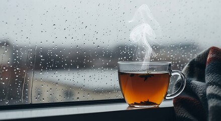 Warm tea steams on a rainy windowsill, offering cozy comfort during a stormy day.