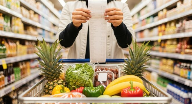 Woman checking a long grocery receipt in a supermarket with a full shopping cart