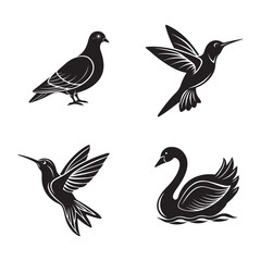 Stylized black silhouettes of a pigeon two hummingbirds and a swan