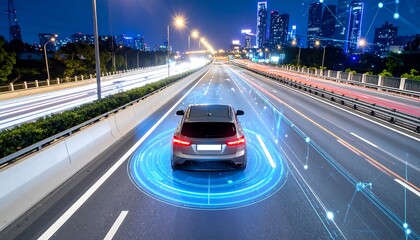 Autonomous vehicle on highway at night