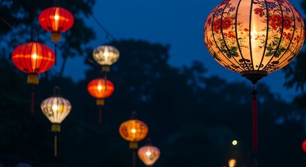 Fototapeta premium An traditional Chinese lanterns hanging at varying heights under a deep indigo night sky, intricately patterned round lantern in the foreground. The background is a blurred suggestion of a garden. 