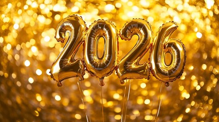 Celebrating the Promising Year of 2026 with Golden Balloons and Bokeh Lights