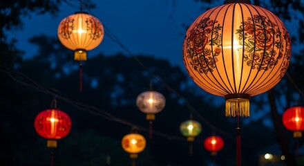 Obraz premium An traditional Chinese lanterns hanging at varying heights under a deep indigo night sky, intricately patterned round lantern in the foreground. The background is a blurred suggestion of a garden. 