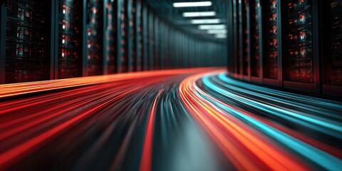 Premium Modern Data Stream in Server Room High-Speed Digital Infrastructure for Tech Marketing, Corporate Advertising, and Authentic Professional Content