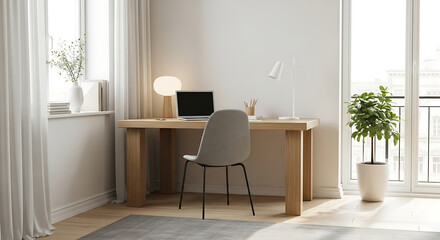 A modern living room interior featuring white furniture, a sleek wooden table, and stylish chairs with ample natural light from the window, reflecting a luxurious home design