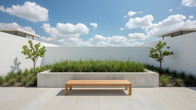 Minimalistic modern outdoor terrace with white architecture, wooden bench, lush green plants, and clear blue sky with fluffy clouds creating a serene and clean urban environment

 - Powered by Adobe