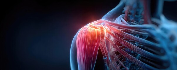 Muscle imbalance with joint stiffness concept. Anatomical illustration of a shoulder joint with highlighted pain.