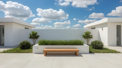 Minimalistic modern outdoor terrace with white architecture, wooden bench, lush green plants, and clear blue sky with fluffy clouds creating a serene and clean urban environment

