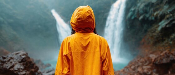Adventurous Millennial Trekker in Raincoat at Tropical Waterfall Premium Nature Exploration Content for Travel Marketing and Social Media Campaigns