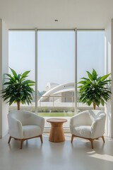 Bright modern lounge area with two elegant armchairs and small wooden table near large glass window, complemented by green potted plants and minimalistic architectural background

