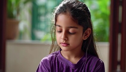 An Indian girl aged between five and ten years old is sitting in the living room with her eyes closed and breathing deeply