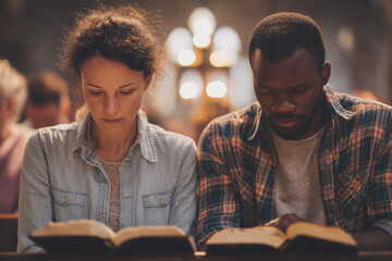 Young Couple Reading Bible Together in Church