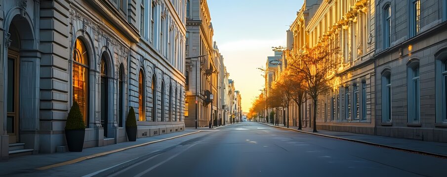 Empty city street lined with historic buildings at sunrise. - Powered by Adobe