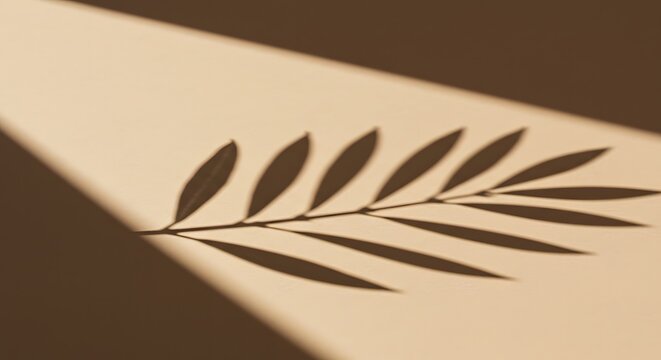 Shadow of a leafy branch cast on a beige surface with a light source from the upper left corner