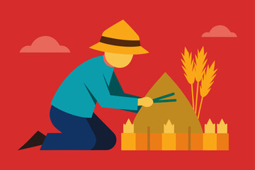 Cartoon business illustration of a businessman with a shovel and watering can, a woman, and a boy helping to build a house with a construction worker