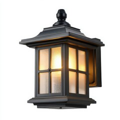Classic black outdoor wall lantern with textured glass panels and warm light illumination