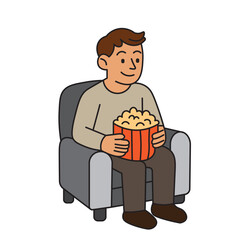 Colorful illustration of a man sitting on a chair holding a bucket of popcorn. Represents watching movies, relaxing, leisure time, and enjoying entertainment. Great for cinema or home activity themes.