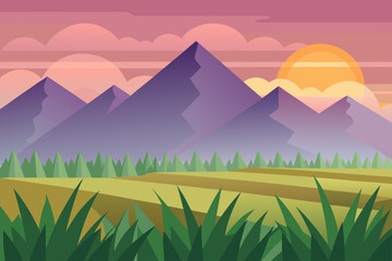 Summer landscape with green hills and mountains, sky with clouds, sun, and trees
