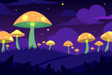A whimsical autumn illustration of cartoon mushrooms under an umbrella on a rainy night
