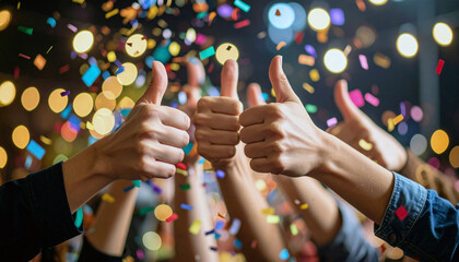 Team Celebration – Multiple Thumbs‑Up Hands with Colorful Confetti and Party Lights.