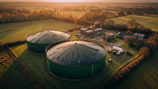 Aerial view of two large industrial anaerobic digester tanks in a rural landscape, capturing agricultural waste management and biogas production footage.