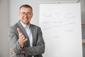 Male teacher conducting English grammar lesson in classroom