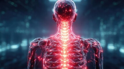 Back stiffness from slipped disc concept. 3D human skeleton with glowing spine, showcasing human anatomy.