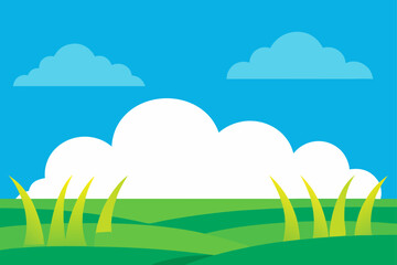 Obraz premium Cloudy blue sky over a green meadow with trees and hills, a beautiful summer nature landscape illustration