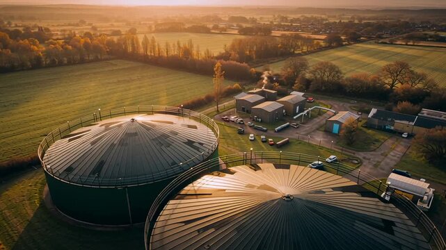 Aerial view of two large green industrial biogas digesters with a processing facility in a rural landscape, renewable energy innovation footage.