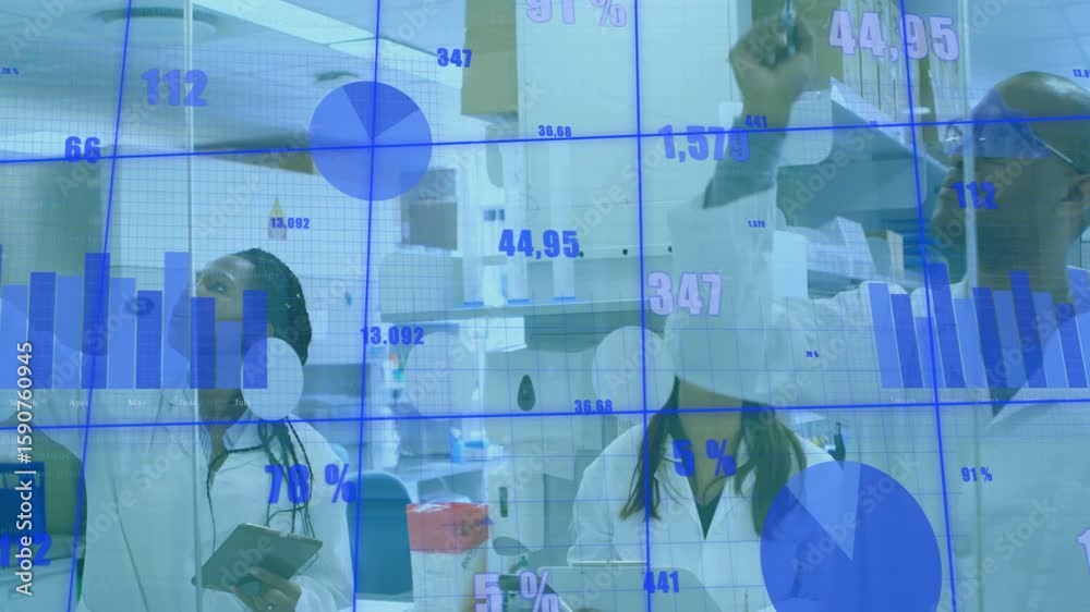 Poster three scientists adjusting lab equipment, generating overlay data charts monitoring experiment