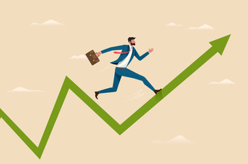 Business growth concept. Man in a business suit, businessman runs along the growth arrow, working for the growth of profit, shares, finance. Vector image in cartoon style.