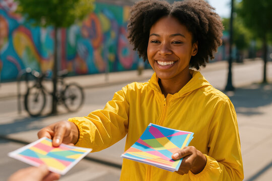 Smiling young woman handing out colorful flyers outdoors on sunny day, promoting event with cheerful enthusiasm