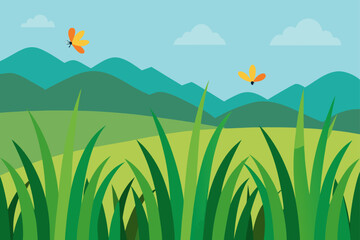 Vector cartoon illustration of a summer landscape with green hills, a mountain, and beautiful clouds in the blue sky