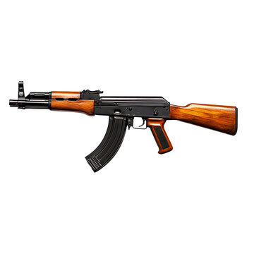 Classic akm assault rifle with wooden furniture and curved magazine isolated on transparent background