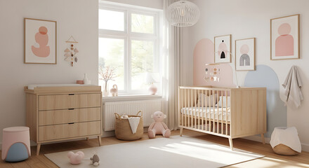 Serene Nursery A Cozy Haven for Baby with Soft Hues, Natural Wood Furnishings, and Playful Art Accents