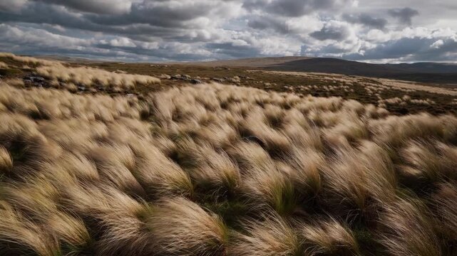 Dynamic landscape progression: dramatic clouds over rolling hills and windswept grasses