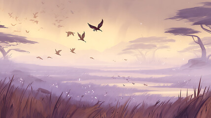 Naklejka premium A painting of a field with a group of birds flying in the sky