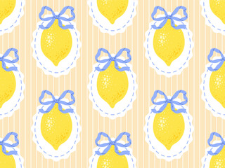 Vintage seamless pattern with lemons in whimsical frames, bows on striped background. Summer mediterranean print. Italian vacation vibe. Vector hand drawn illustration