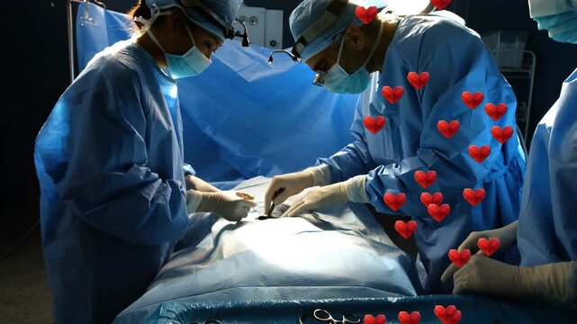 Surgical team grabbing scalpel, making incision while hearts streaming showing reactions