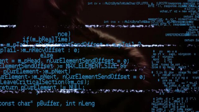 On glitch start, organic strands floating connecting into rotating helix visualizing code merge