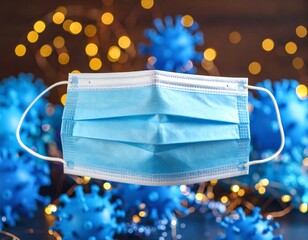 A light blue face mask, virus models, bokeh